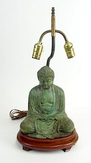 Chinese Archaistic Bronze Buddha Attached as a Lamp on Wooden Platform.