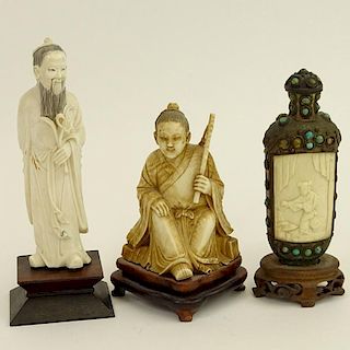 Vintage Chinese Three (3) Piece Ivory Lot. Includes 2 carved figurines, a metal mounted carved snuff bottle.