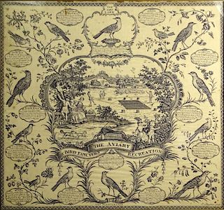 19th Century Engraving on Linen, "The Aviary, or Bird Fancyers Recreation".