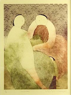Modern Signed Color Lithograph "Conversation"