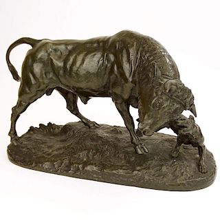 Charles Valton, French (1851-1918) Bronze Sculpture "Bull and Wild Dog"