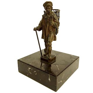 Antique Miniature Bronze on marble base. "Man with Basket On Back"