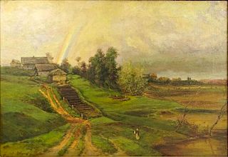 Alexei Kondratyevich Savrasov (Russian, Russian (1830-1897) Oil on Canvas, Landscape with Rainbow.