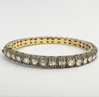 14 Karat Yellow Gold, Silver and Diamond Bangle Bracelet.