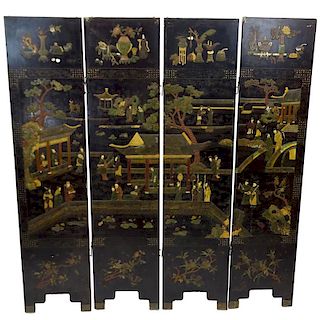 Antique Chinese Four (4) Panel Lacquer Screen with Inset Hardstone, Ivory and Mother of Pearl.
