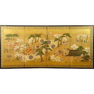 Japanese Meiji Period (1868-1912) Four (4) Panel Folding Screen, Garden Scene with figures. Ink, color and gilt on paper with brocade border, wood fra