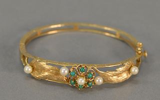 14K gold bangle bracelet set with pearls and green stones, 13.7 grams.