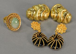 Three piece 18K-22K gold lot including two pairs of earrings and one ring, 33.8 grams total weight.