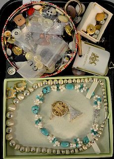 Tray lot to include Marcel Boucher earrings, Ross & Simons necklace, Swarovski pin, Chanel buttons, Tasco sterling necklace, etc.