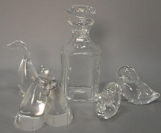 Five piece crystal lot to include four Steuben figures, two small birds, snail (as is), and a bird along with a Baccarat decanter