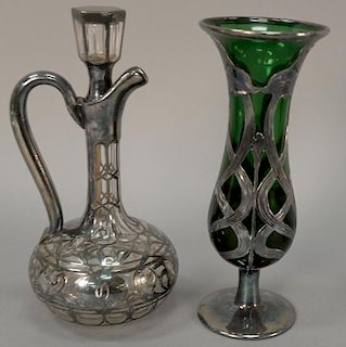 Two piece lot to include silver overlay decanter with stopper and silver overlay vase, ht
