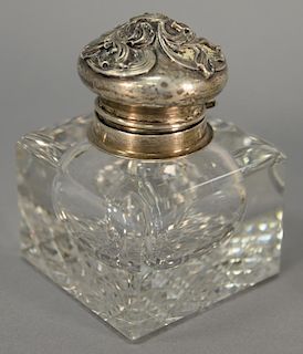 Cut glass inkwell with sterling silver top, 4"