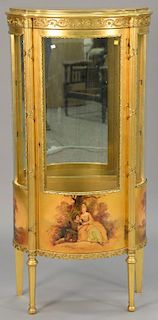 R.J. Horner Louis XVI style gilt curio cabinet with painted panel scenes and glass shelves with Horner plaque on reverse, ht. 55 1/2...