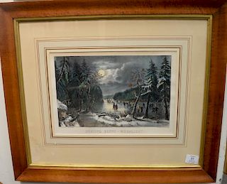 Currier & Ives hand colored lithograph Skating scene - Moonlight