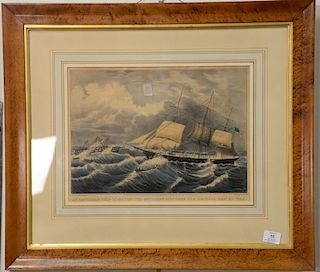 Currier & Ives hand colored lithograph, "An American Ship Rescuing the Officers and Crew of a British Man of War", marked lower left...