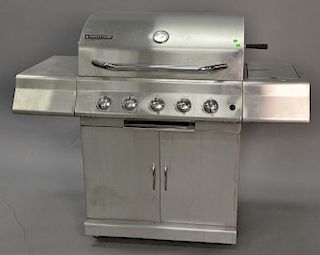Perfect flame stainless steel grill, four burner with rotisserie and side burner, good condition.