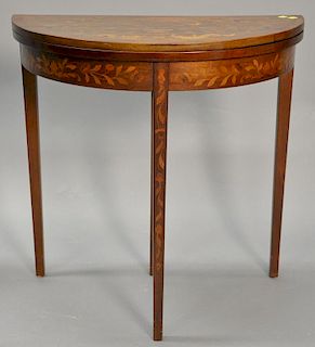 Marquetry inlaid demilune game table with matching interior. ht. 30", wd. 30", dp. 15"