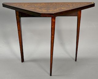 Marquetry inlaid game table, triangular form with felt interior (crack in top repaired). ht. 30", wd. 40 1/2", dp. 20"