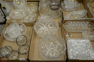 Six box lots of cut glass to include three decanters, five large bowls, plates, small dishes (as is).