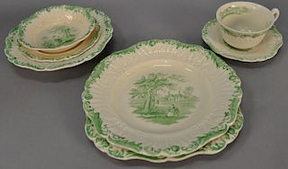 Set of English green and white china scenes from Chas Dicken's Old Curiosity Shop Humphrey clock, 78 pieces