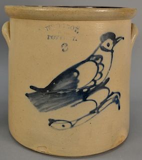 West Troy pottery three gallon crock with blue painted bird