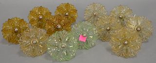 Six pairs of sandwich glass curtain tie backs, floral pattern, one pair green, three pairs peach tan color, and two pairs tan brown ...