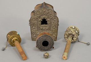 Tibetan group to include two rattles mounted with stones and two boxes