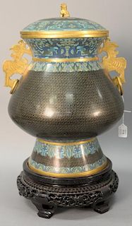 Contemporary cloisonne covered urn on stand