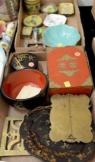 Two tray lots with Oriental items to include cloisonne and enameled pieces, lacquered boxes and trays, etc.