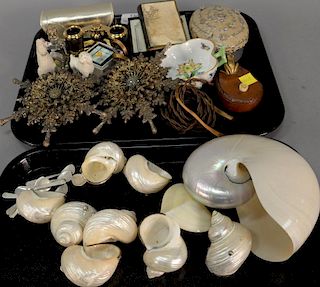 Two tray lots of miscellaneous items to include shell salts, bronze frog, Eschenbach opera glasses, boxes, etc.
