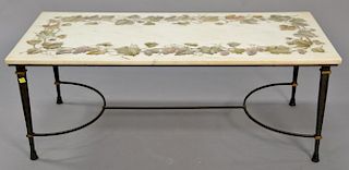 Marble top coffee table with grape vine design on metal base. ht. 16 1/2", top: 21" x 45"