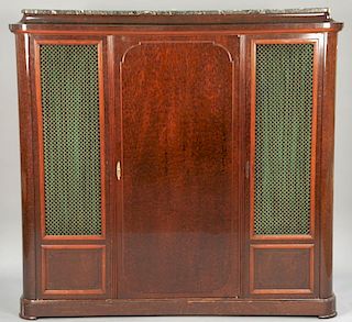 Pair of George IV burlwood cabinets with marble top and grill work doors, interior with fitted drawers and shelves, comes in six par...