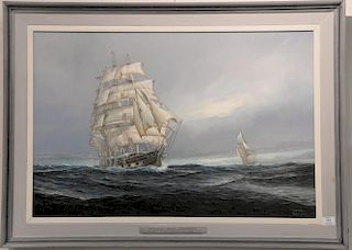 Warren Boucher (1922-199) oil on canvas Whaling Bark Wanderer out of New Bedford Mass, flying an American flag, signed lower right W...