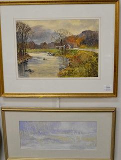 Two paintings including Larry Webster (1930-2007) watercolor of river along farm "Rainy Autumn" signed lower left L. Webster 89 and ...