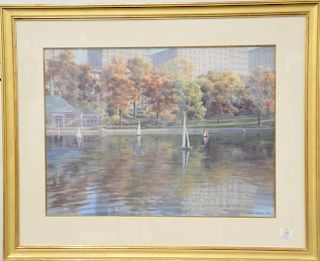 Marion Welch watercolor, Kerb's Boathouse, on Central Park's Conservatory Pond with model boats, signed lower right Marion Welch 98