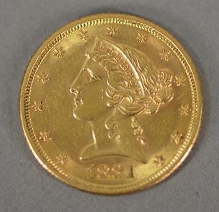 1881 $5. Liberty gold coin.