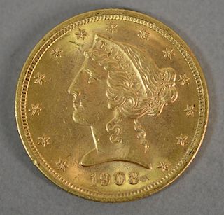 1908 $5. Liberty gold coin.