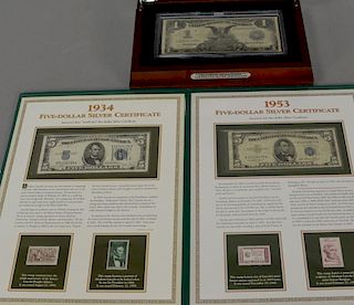 Collectors book, United States Five Dollar Silver Certificates, 1934 and 1953 with stamps, from Postal Commemorative Society andThe ...