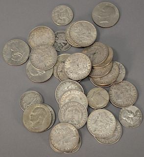 Twenty silver dollars Morgan and piece, eleven silver half dollars, Franklin Walking Liberty, Kennedy, and five Eisenhower silver do...