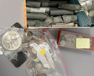 Fifteen rolls plus loose nickels, copper coins, foreign coins and a .999 fine silver medal.