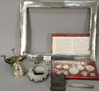 Group of silver items to include silver postcard, cigarette holder, Continental boat, large sterling frame (not weighted) sterling 1...