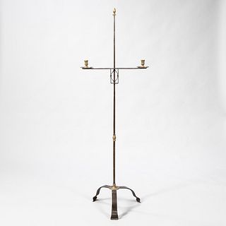 Wrought Iron and Brass Adjustable Two Light Candlestand
