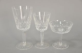 Waterford crystal stems including 17 tall stems (7"), 10 medium stems (6"), 12 sherbets (4 1/4"), and 1 tall.