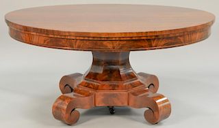 Victorian round mahogany table with rack of seven 10" leaves and custom pads. ht. 29 1/2", closed dia.60", open: 60" x 130"