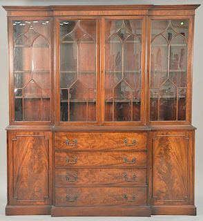 Chippendale style mahogany breakfront having four glass door top over drop front desk over three drawers, ht. 85", wd. 78", dp. 15".