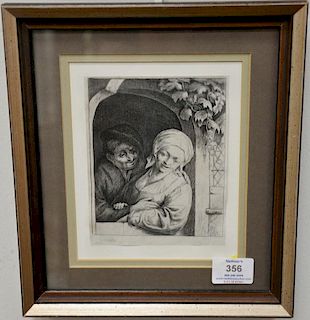 After Adriaen Jansz Van Ostade 1610-1685, engraving, dutch couple in window, marked in plate A. Ostade. ss 6 1/4" x 5"
