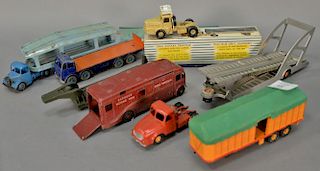 Six Dinky Supertoys trucks to include car transporter, tractor with trailer, horse van, Foden, Boilot Petola, and semi-remorque Frue...
