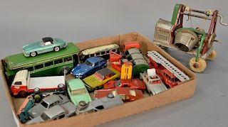 Eighteen toy cars and truck including four corgi toys, two Politoys, two Renault toys, Solido, Tekno Denmark, James Bond matchbox, M...