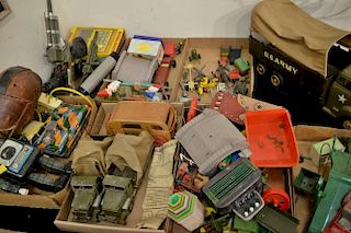 Seven boxes of toys including trucks, tin, and wood army figures and a Marx army truck.