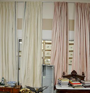 Four sets of custom silk curtains along with brass hardware and two blue upholstered valances, ht